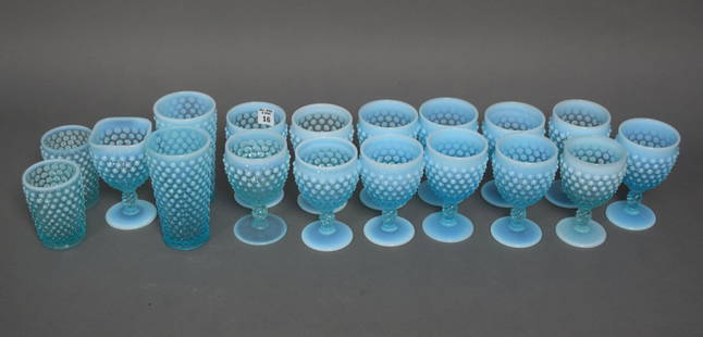 Antique Opalescent/Blue Hobnail Glass, 13 Goblets, 2 Water Glasses, 2 Juice Glasses and Square: Antique Opalescent/Blue Hobnail Glass, 13 Goblets, 2 Water Glasses, 2 Juice Glasses and Square Goblet