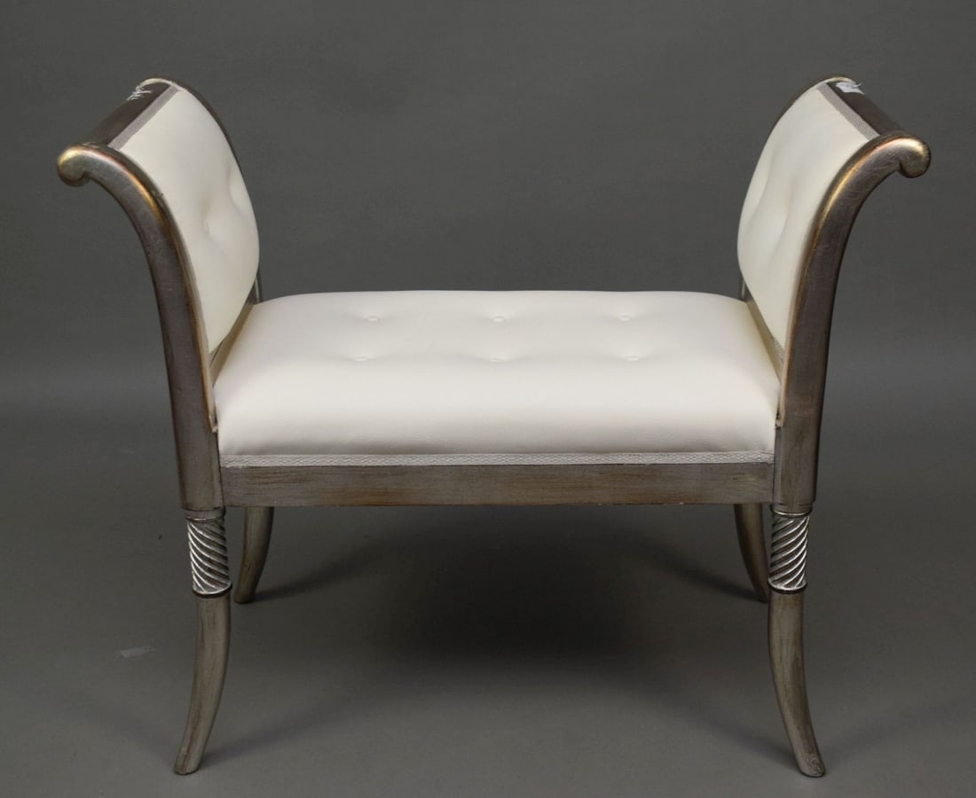 Small silver Finish bench, White Leather Upholstery, Hollywood Glam, 36 inches long  x 30 inches (1 of 3)