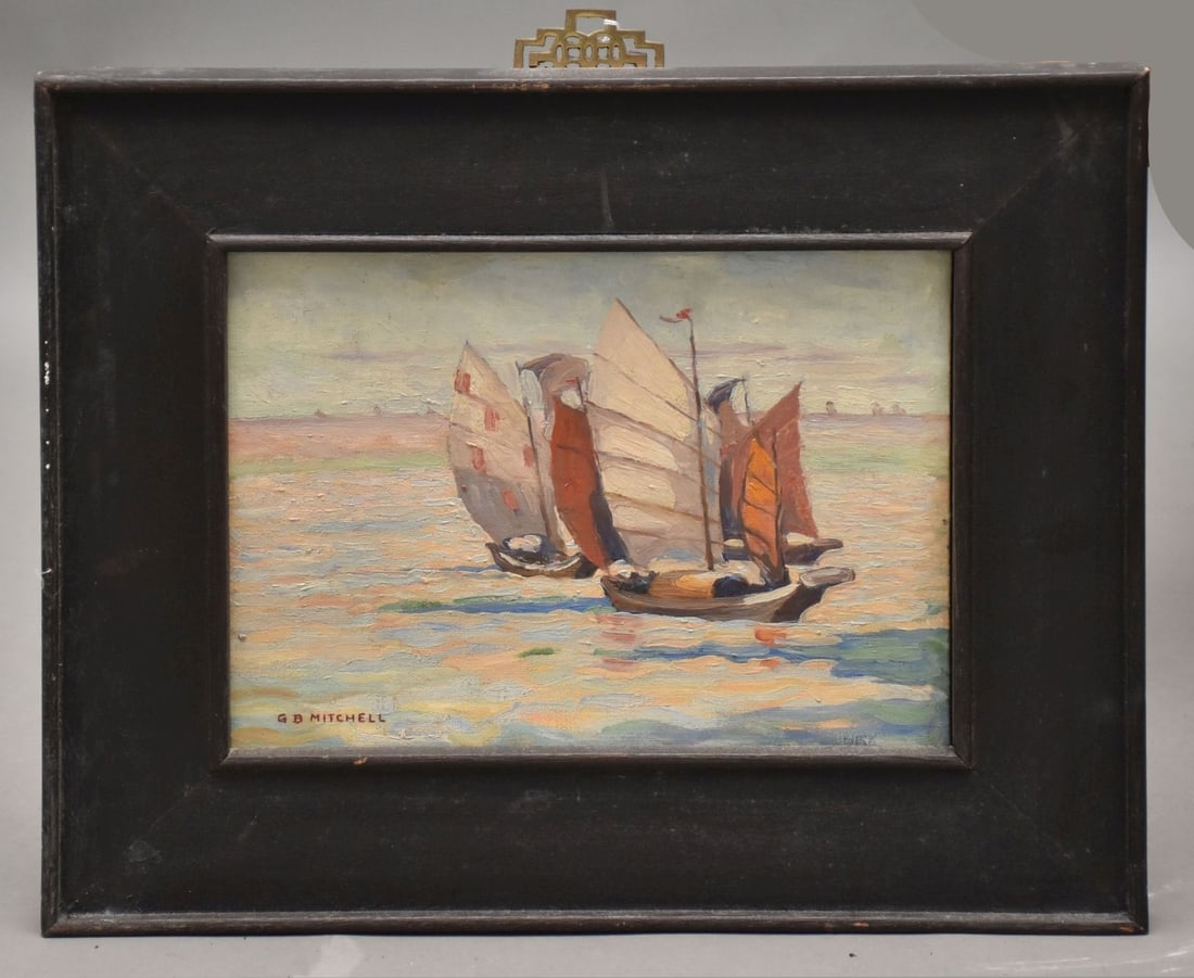 George Bertrand Mitchell (American 1872-1966) oil on board, Junket-Sailboats, 9 x 12 inches (1 of 6)