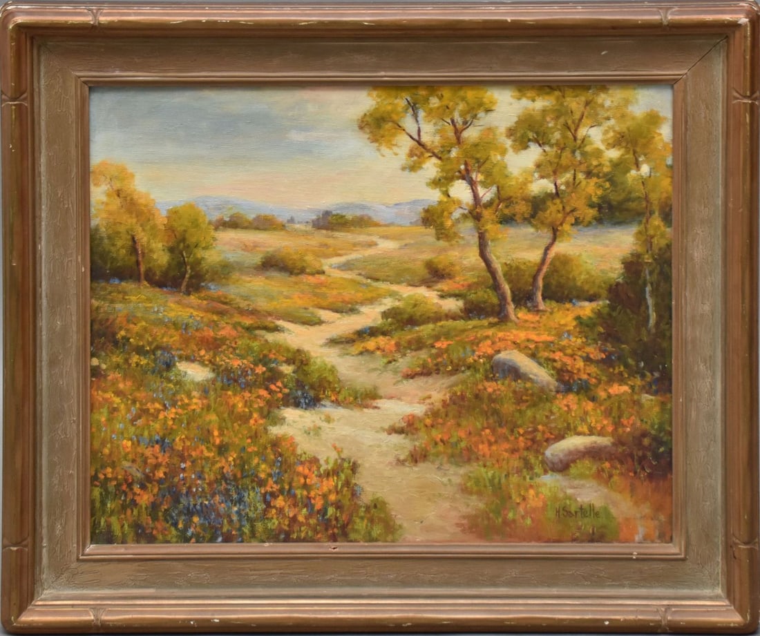 Herbert Sartelle (American 1885-1955) Landscape oil on canvas, California Wildflowers; 25 x 30: Herbert Sartelle (American 1885-1955) Landscape oil on canvas, California Wildflowers; 25 x 30 inches