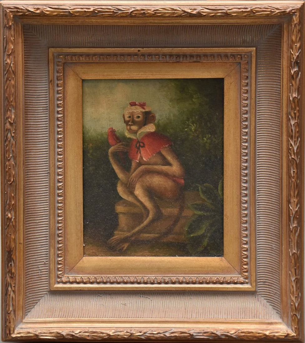 J. Gray oil on canvas, monkey, 17 3/4 x 15 3/4 inches overall frame, 9 1/2 x 7 1/2 inches sight (1 of 5)