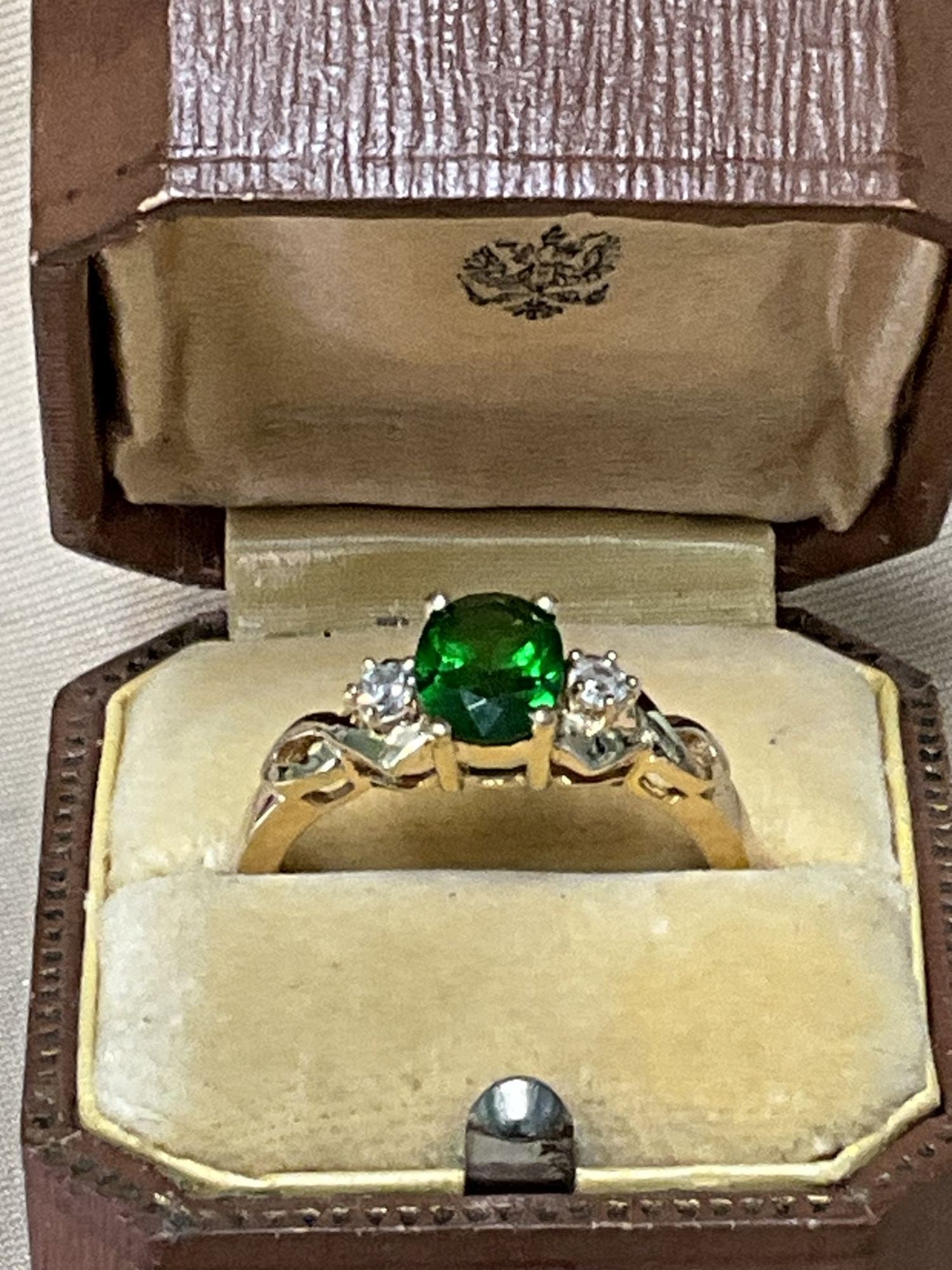 Russian Antique gold diamond Demantoid Garnet ring size 7;5 stamped 56 and maker marks, the: Russian Antique gold diamond Demantoid Garnet ring size 7;5 stamped 56 and maker marks, the Demantoid Garnet is 1,22 carat GIA certificate.