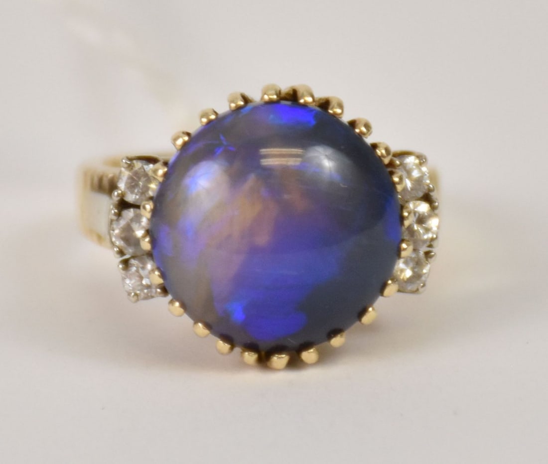 14K Yellow Gold Black Opal Cabachon Diamond Ring. Size 8 wt. 9 grams Opal 15mm (1 of 4)