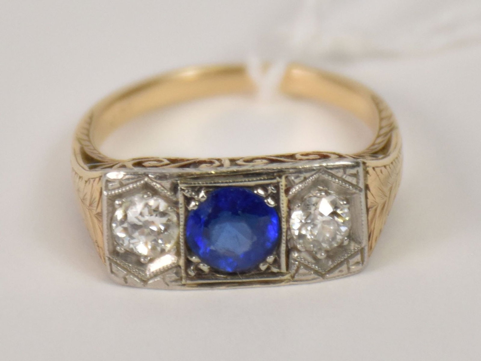 Antique 14K White & Yellow Gold Diamond Sapphire Ring. 2 Diamonds .33 each European Cut SI1 G (1 of 4)