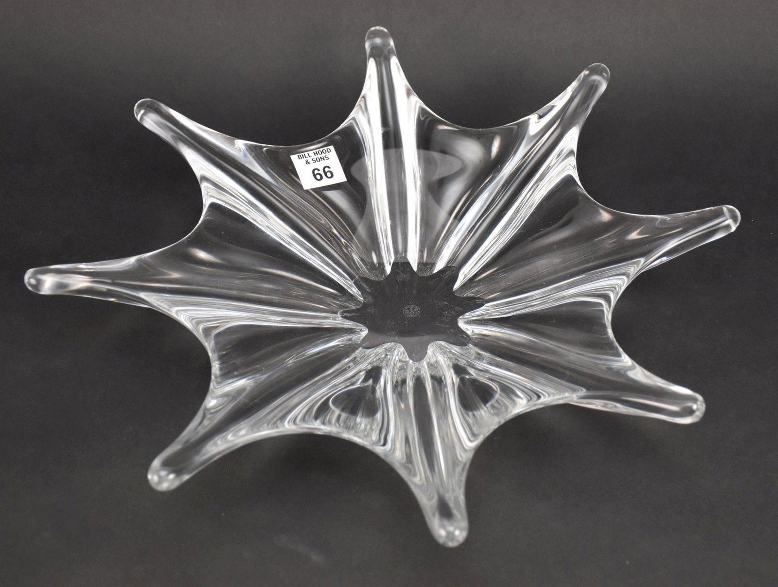 Baccarat Crystal Stella Starfish Centerpiece Bowl - Baccarat France clear crystal bowl in an aquatic: Baccarat Crystal Stella Starfish Centerpiece Bowl - Baccarat France clear crystal bowl in an aquatic starburst/starfish form. Acid etched Baccarat insignia on underside of base. 14 3/4" w. Condition: 