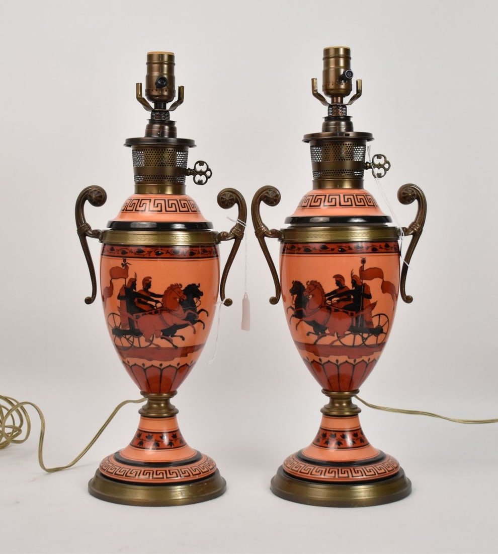Pair Vase Form Salmon Color Lamps with Grecian Motif, 20"h: Pair Vase Form Salmon Color Lamps with Grecian Motif, 20"h