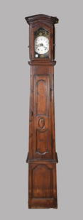 18th c. Country French Walnut Tall Case Clock, 100 1/2"h x 13"w x 12"d (Hood is 22"h: 18th c. Country French Walnut Tall Case Clock, 100 1/2"h x 13"w x 12"d (Hood is 22"h