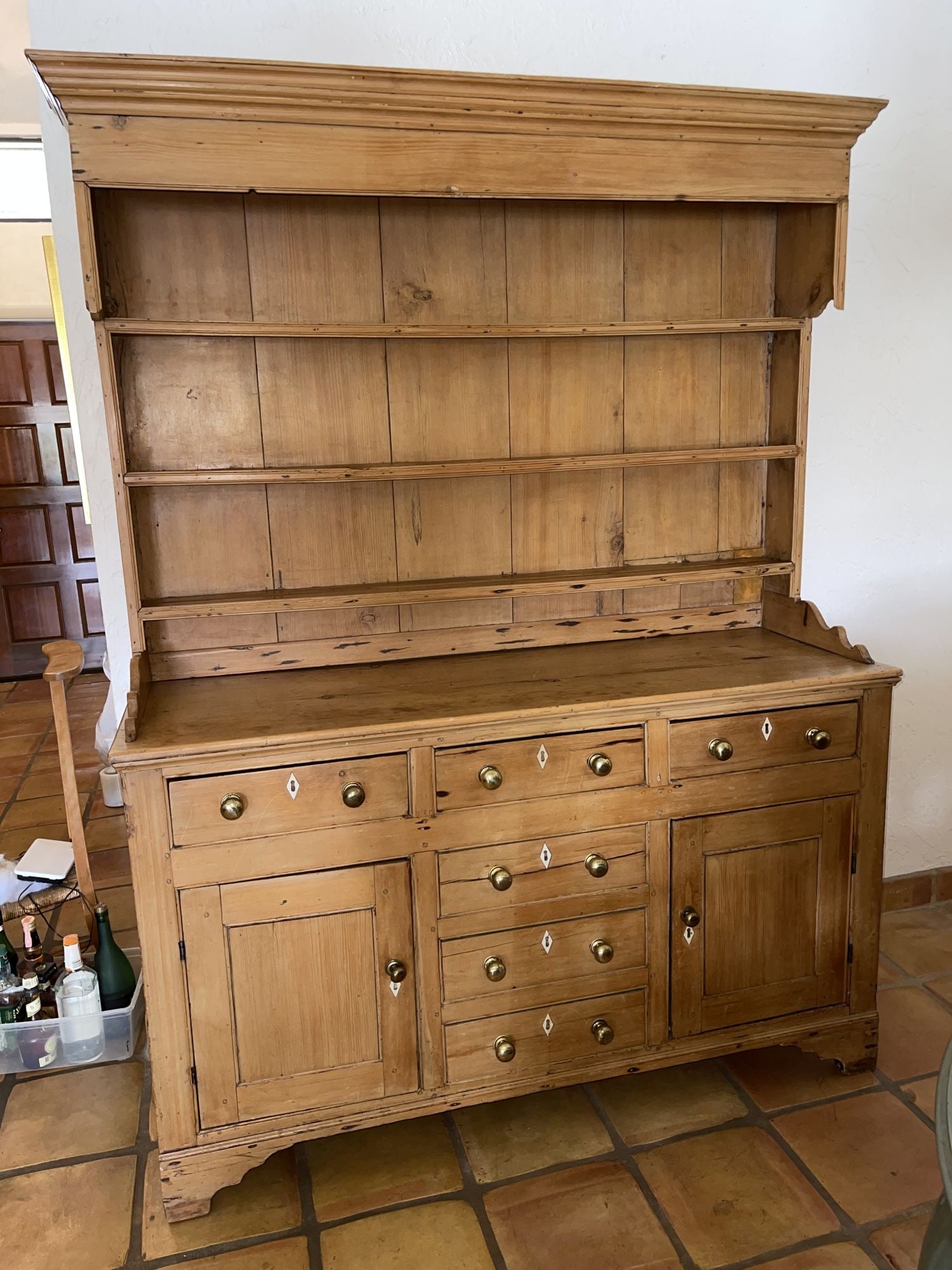 English Pine Hutch with Open Shelves Above Drawers and Doors, 79 1/2"h x 59" w x 19 1/2"d (1 of 4)