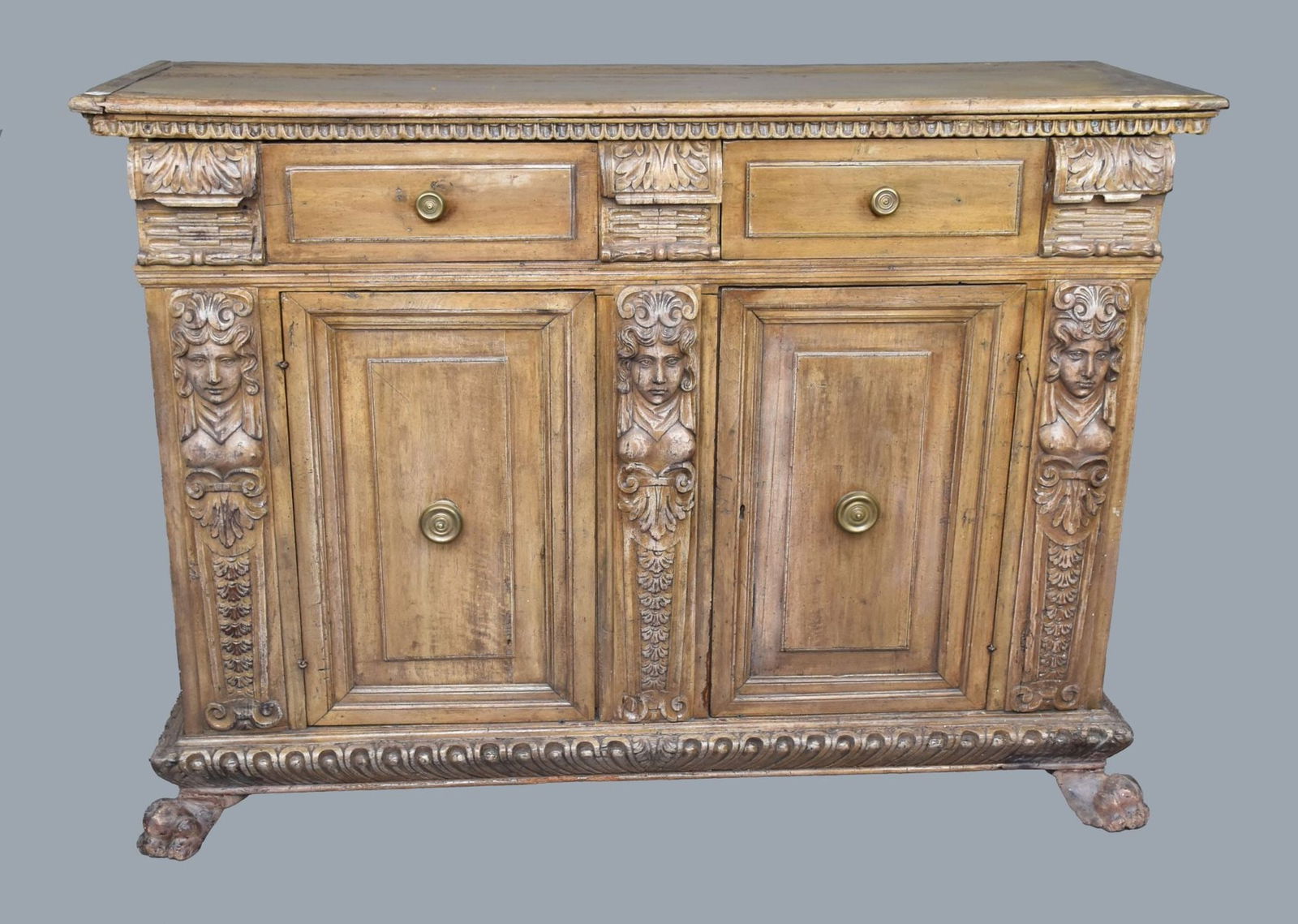 Continental Carved 17th C. Sideboard, 2 Drawers over 2 Paneled Doors with Carved Figural Styles on (1 of 8)