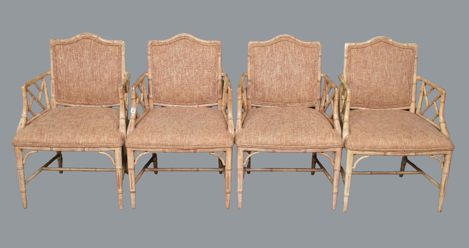 4 White Washed Rattan Arm Chairs with Tweed Upholstery (wear to arms) (1 of 5)