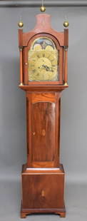 English Tall Case Clock with Brass Moon Face, Inlaid Shell at Top of Hood with Weights, 88"h x 19"w: English Tall Case Clock with Brass Moon Face, Inlaid Shell at Top of Hood with Weights, 88"h x 19"w x 9"d