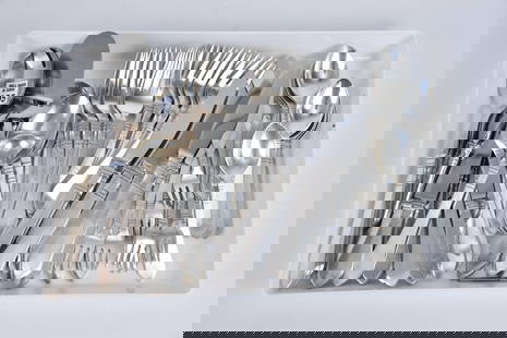 Georg Jensen Sterling Flatware, Denmark, Antik Pattern, incl; 12 Forks (7 1/4"L), 12 Forks (6: Georg Jensen Sterling Flatware, Denmark, Antik Pattern, incl; 12 Forks (7 1/4"L), 12 Forks (6 7/8"L), 12 Knives (8 1/2"L), 12 Teaspoons, 11 Butter Knives, 12 Cocktail Forks, 4 Serving Pcs. and 3 Servi