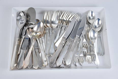 Georg Jensen Sterling Flatware, Denmark, Antik Pattern, incl; 12 Forks (7 1/4"L), 12 Forks (6: Georg Jensen Sterling Flatware, Denmark, Antik Pattern, incl; 12 Forks (7 1/4"L), 12 Forks (6 7/8"L), 12 Knives (8 1/2"L), 12 Teaspoons, 11 Butter Knives, 12 Cocktail Forks, 4 Serving Pcs. and 3 Servi