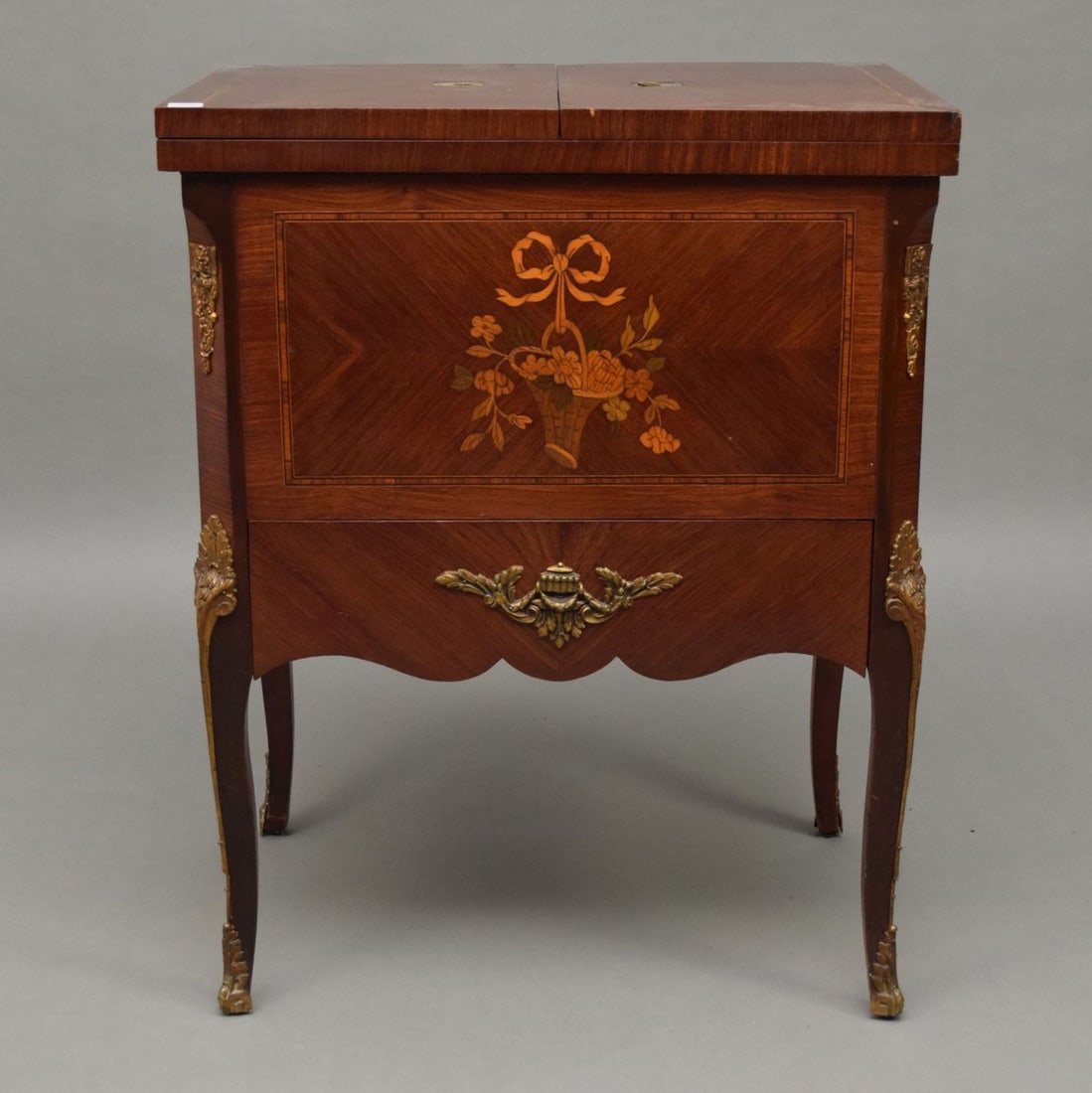 Mahogany Inlay Sever/Bar, Double Hinged Top Opens to Reveal Lift Compartment, Gilt Metal Mounts, 29: Mahogany Inlay Sever/Bar, Double Hinged Top Opens to Reveal Lift Compartment, Gilt Metal Mounts, 29 1/2"h x 23 1/2"w x 17"d