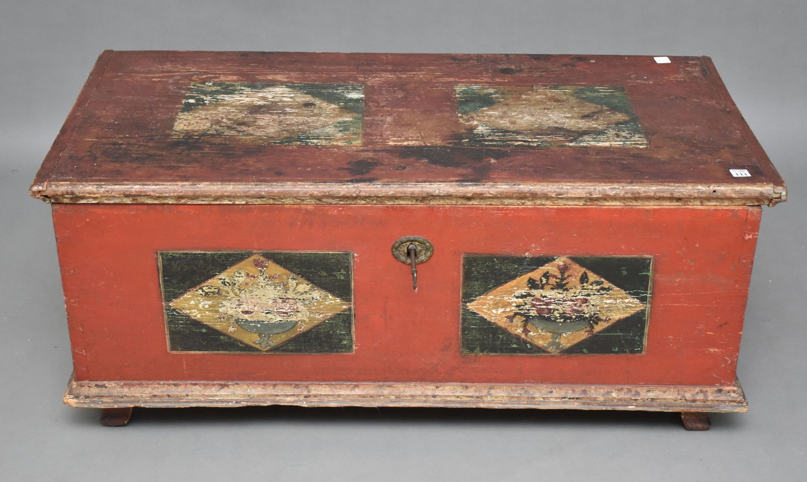 Continental Painted 6 Board Chest, 19th c, Original Hardware, 19"h x 43"w x 21"d (worn paint): Continental Painted 6 Board Chest, 19th c, Original Hardware, 19"h x 43"w x 21"d (worn paint)