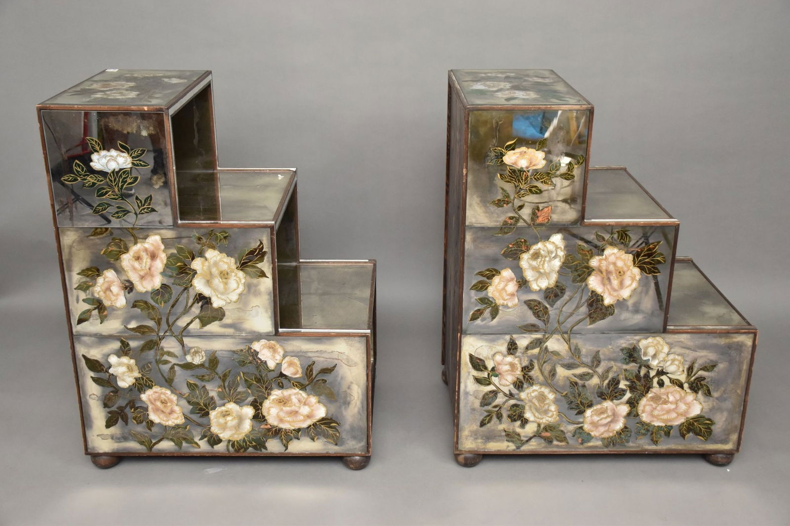Pair of Reverse painted floral mirrored steps. 26 1/2 inches deep, 19 1/2 inches long, 34 1/2 inches (1 of 9)