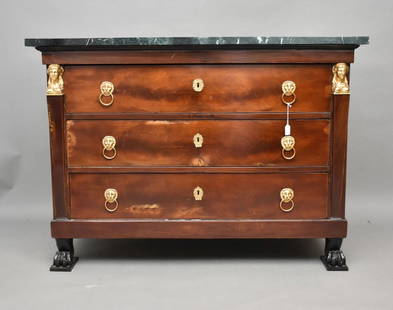 French empire Mahogony marble top chest, 3 drawers, 52 1/2 inches long, 23 inches deep, 38 inches: French empire Mahogony marble top chest, 3 drawers, 52 1/2 inches long, 23 inches deep, 38 inches tall