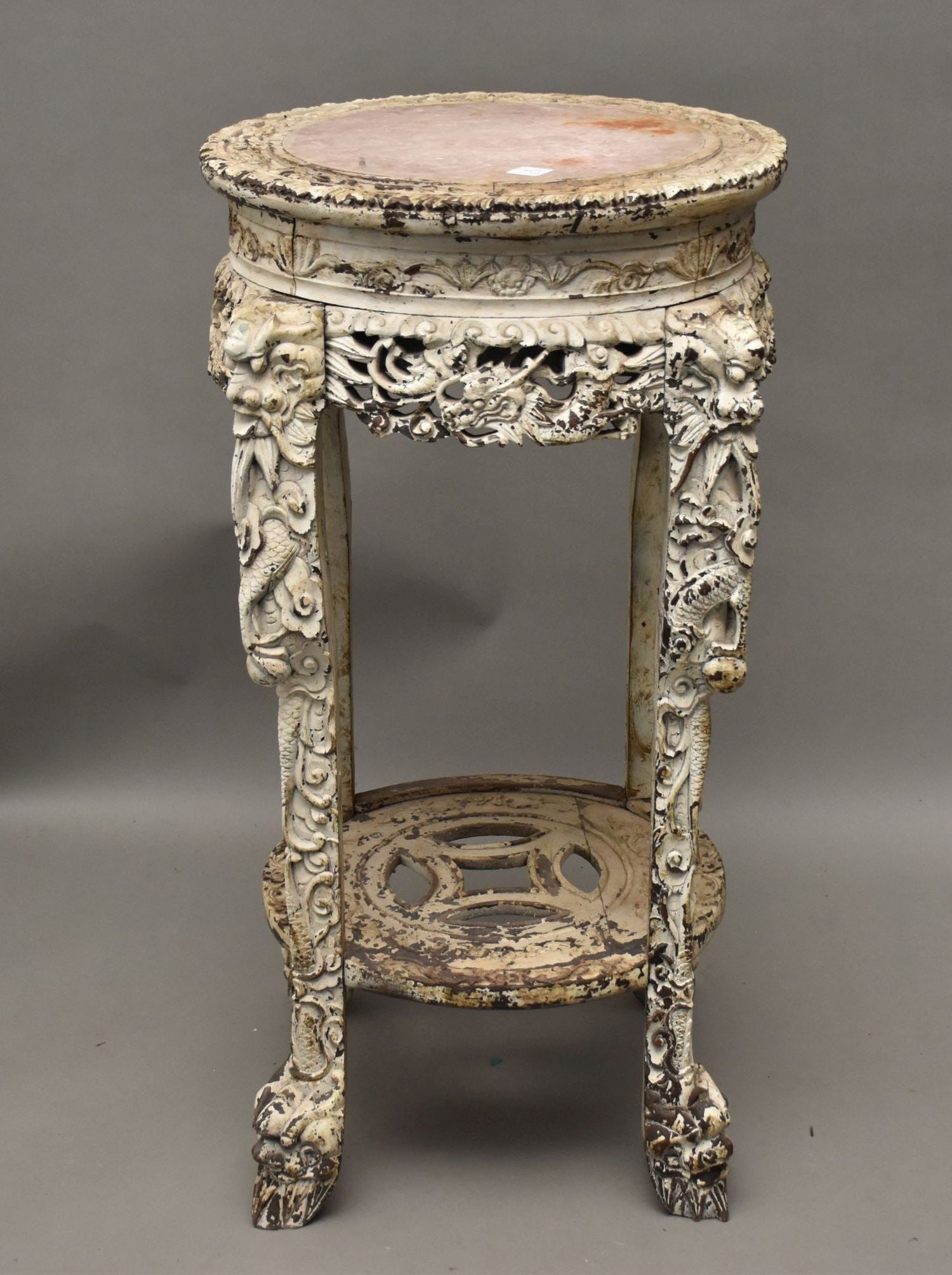 Carved Chinese Stand, White & Chippy, Marble Insert, Lower Shelf, 32??h x 17??w (1 of 5)