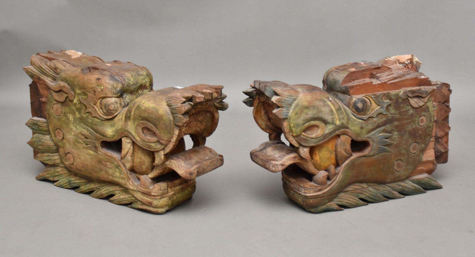 Pair Carved Dragon Head WornPainted Corbels, 19th c, 15??h x 24??w x 7??d (Plenty of Good Wear): Pair Carved Dragon Head WornPainted Corbels, 19th c, 15”h x 24”w x 7”d (Plenty of Good Wear)