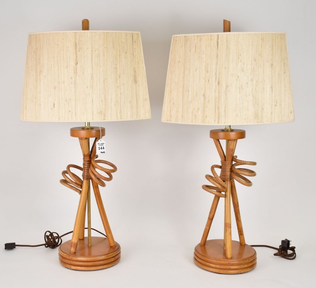 Pair French Bamboo Rattan Table Lamps, 1950s - A pair of mid-century bamboo/rattan curly-Q table (1 of 5)