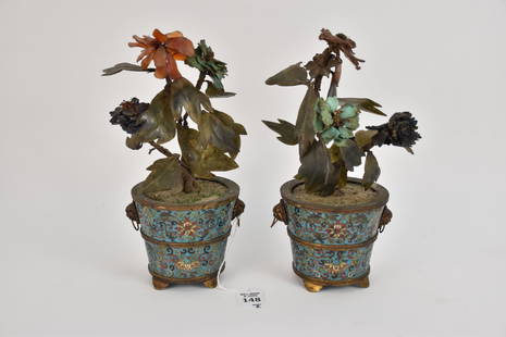 Pair Antique Chinese Cloisonne Enamel Pots w/ Jade Trees, 19th Century. A pair of Chinese "Jade: Pair Antique Chinese Cloisonne Enamel Pots w/ Jade Trees, 19th Century. A pair of Chinese "Jade Trees" in cloisonne planters. The cloisonne enamel pots are decorated with floral scrolls on a turquoise