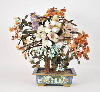 Large Chinese Jade Tree Cloisonne Planter - A large "Jade Tree" made with semi-precious hardstones: Large Chinese Jade Tree Cloisonne Planter - A large "Jade Tree" made with semi-precious hardstones such as agate, turquoise, quartz, amethyst, and jade. Set in a rectangular cloisonne enamel planter.