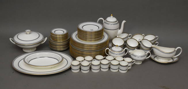 Wedgwood China, Colonnade Pattern, 20 Dinner Plates (10 1/2"dia), 16 Plates (6 3/4"dia), 12 Saucers,: Wedgwood China, Colonnade Pattern, 20 Dinner Plates (10 1/2"dia), 16 Plates (6 3/4"dia), 12 Saucers, 12 Cups, 12 Demi-Tasse Cups, 12 Demi-Tasse Saucers, Creamer, Sugar, Gravy Boat & Liner, Pitcher, Ov