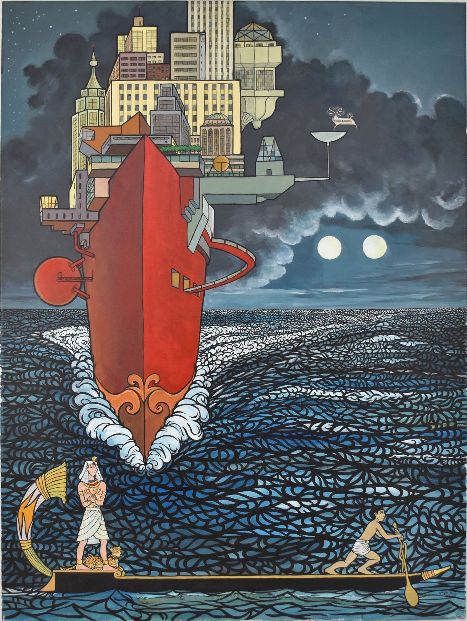 GUIDO BETANCOURT (Cuban 20th Century) "Encuentro" oil on canvas, surrealism cityscape on ship, 30: GUIDO BETANCOURT (Cuban 20th Century) "Encuentro" oil on canvas, surrealism cityscape on ship, 30 x 40 inches