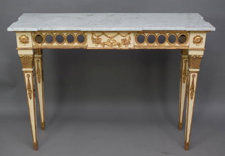 Louis XVI Style Painted and Gilt  Wood Console Table with a rectangular marble top. Height 36??.: Louis XVI Style Painted and Gilt Wood Console Table with a rectangular marble top. Height 36&rdquo;. Width 50&rdquo;. Depth 19&rdquo;.