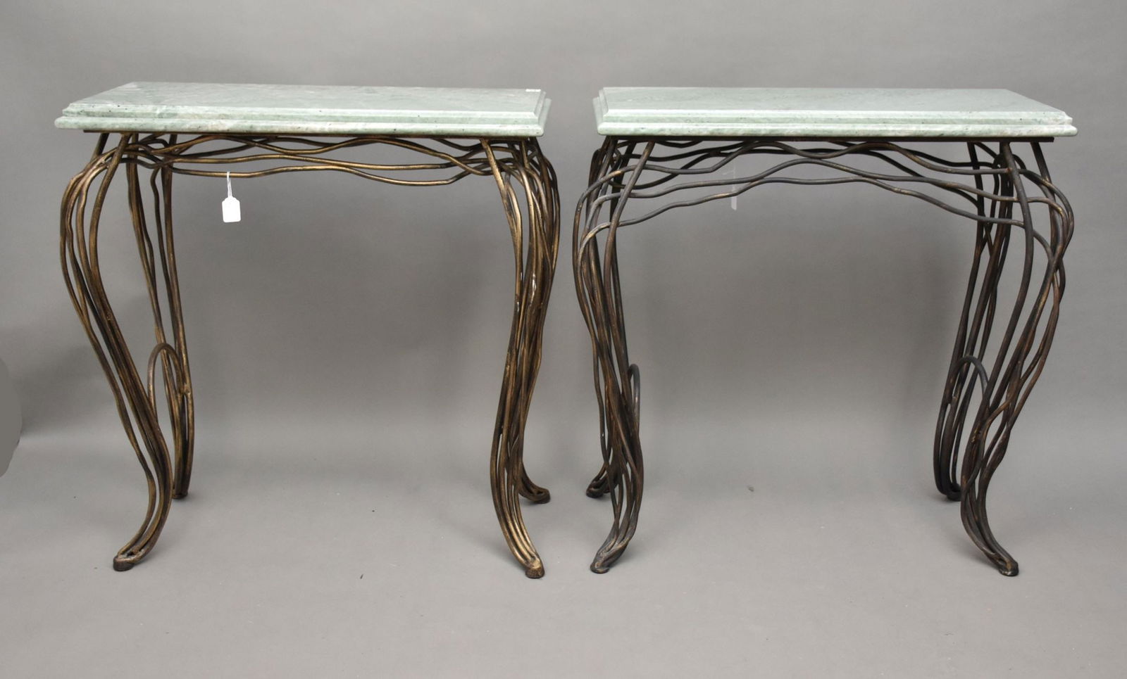 Pair of Modern Wrought Iron Console Tables Each with marble top. Height 33 ½??. Width 31??. Depth (1 of 5)