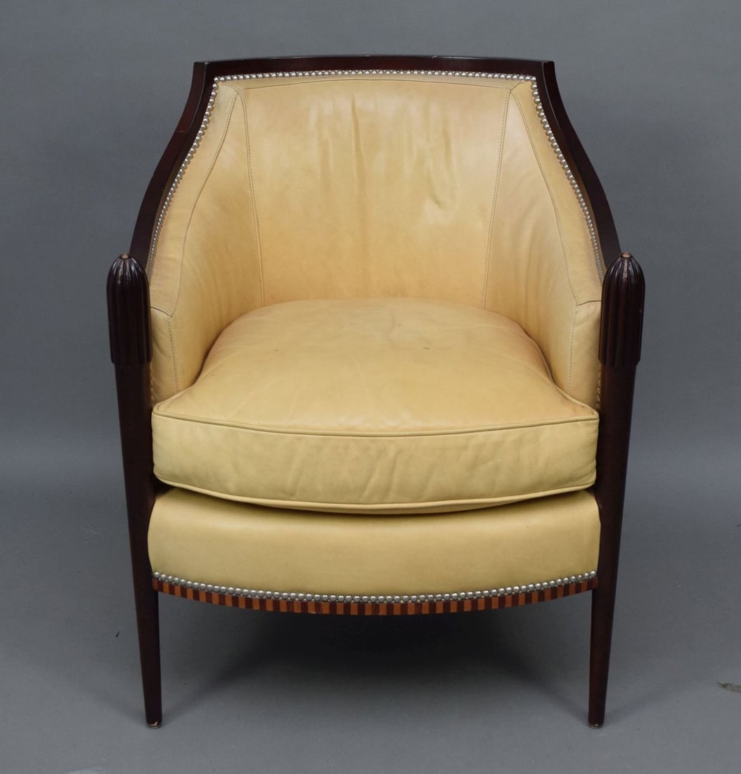 Baker Leather Club Chair, Manner of Paul Follot , Mahogany Frame with Brass Nail Heads, Checkered (1 of 6)
