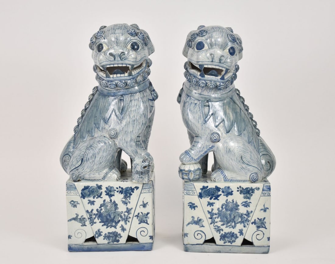 Pair Chinese Ceramic Foo Dogs, Blue & White Decoration, 17"h x 6 1/2"Base (1 of 7)