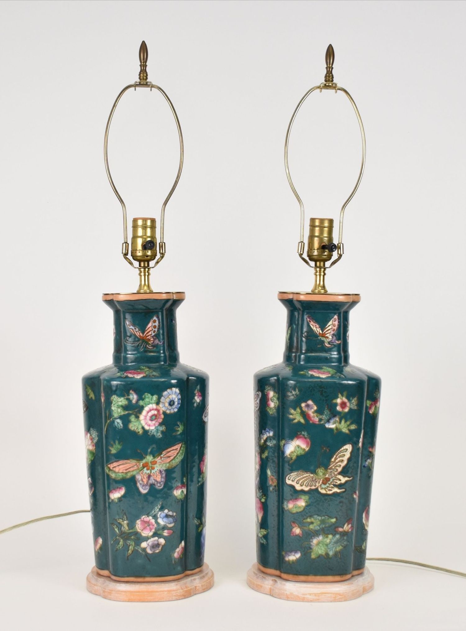 Pair Chinese Lamps, Green Ground with Floral & Butterfly Motif, 29"h to finial (1 of 6)