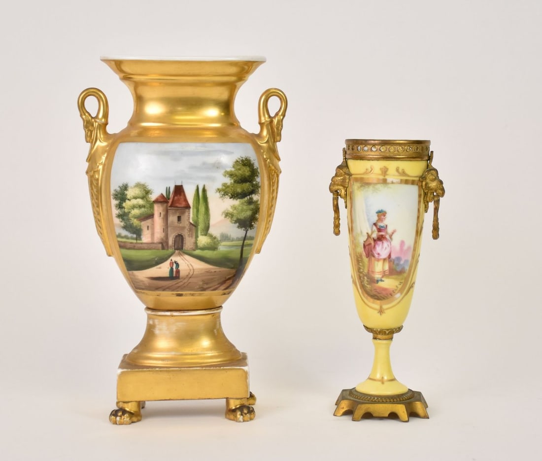 2 Porcelain Vases, Gold & Metal Accents, Landscape & Maiden Scenes, 8"h & 10"h (some gold fading): 2 Porcelain Vases, Gold & Metal Accents, Landscape & Maiden Scenes, 8"h & 10"h (some gold fading)