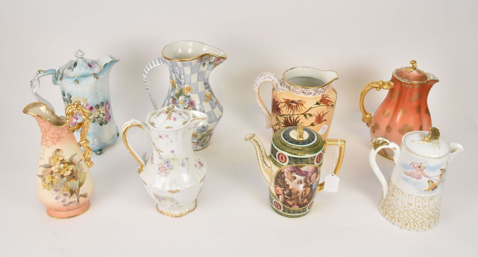 8 Assorted Porcelain Teapots, Pitchers and Ewer, Mackenzie Child's Pitcher 10"h (1 of 13)