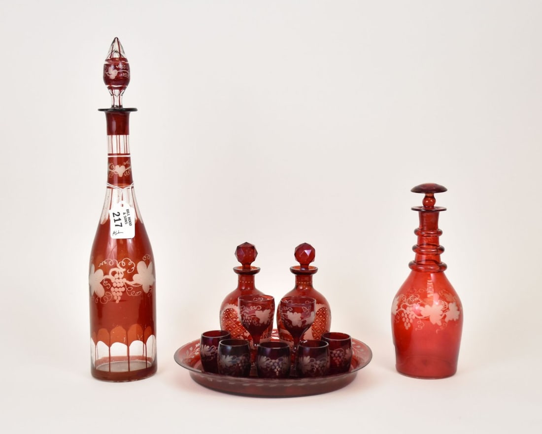Antique Ruby Glass Decanters, Cordials and Tray (1 of 8)