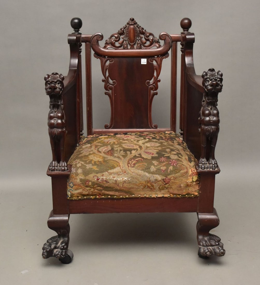 Carved Armchair with Vertical Splat in Back, 2 Foo Dog Hand Rests on 2 Front Claw Feet, 40"h x 24"w: Carved Armchair with Vertical Splat in Back, 2 Foo Dog Hand Rests on 2 Front Claw Feet, 40"h x 24"w x 25"d