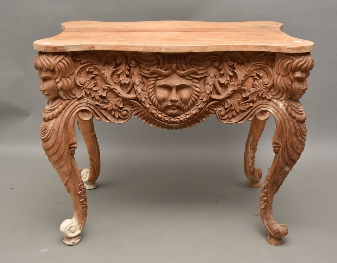 Carved & Stripped Wood Table, Unusual Deep Carved Frieze Around, Faces & Foliage 12" Deep on (1 of 5)