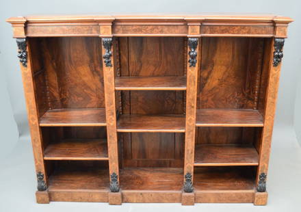 Continental 19th c. Bookcase, Adjustable Shelves, Burled Wood Inlay, 49"h x 62"w x 14"d: Continental 19th c. Bookcase, Adjustable Shelves, Burled Wood Inlay, 49"h x 62"w x 14"d