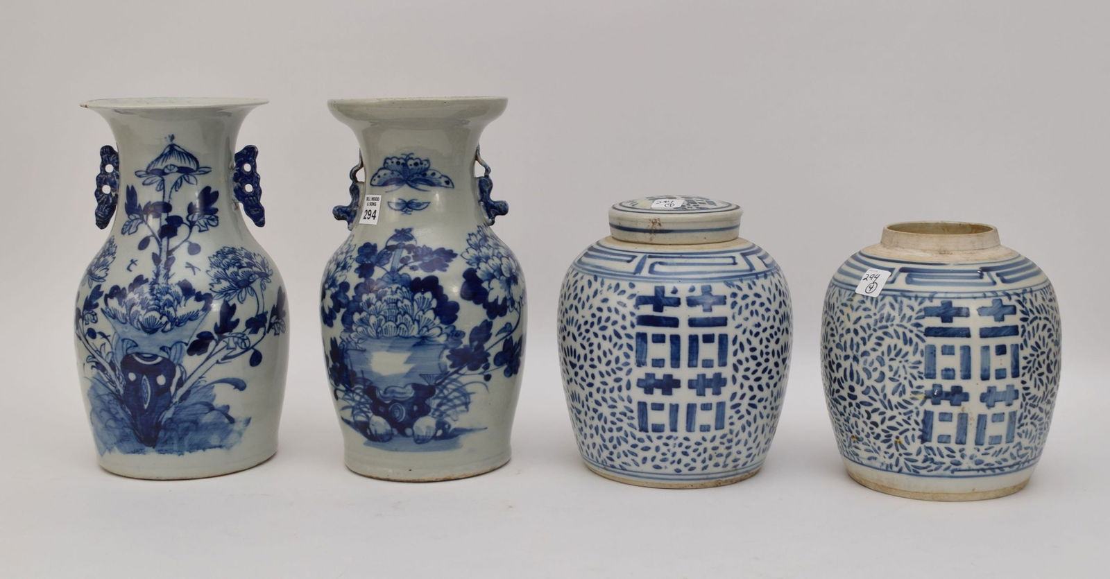 2 pr of Chinese blue & white vases, tallest 13"h x 7"dia (one pr. formally drilled for lamps, one: 2 pr of Chinese blue & white vases, tallest 13"h x 7"dia (one pr. formally drilled for lamps, one lid missing from the other pr)