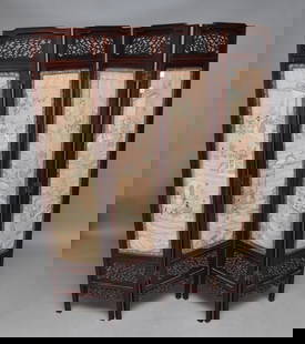 Chinese hardwood 4 panel embroidered screen 63"h x 56" L: Chinese hardwood 4 panel embroidered screen 63"h x 56" L