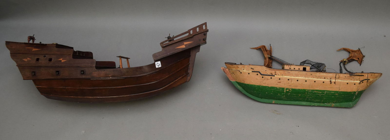 2 Ship's Models, One Inlay Wood (12"h x 37"w x 13"d) and one Painted Green & Yellow (8'h x 29"w x (1 of 8)