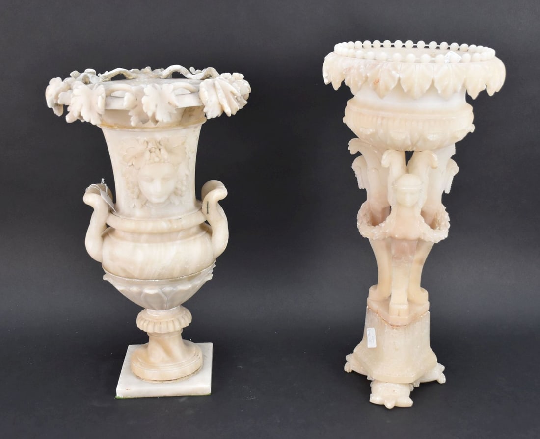 Alabaster  Beaded Folded Rim Bowl Sits on Top of 3 Classical Winged Figures on Trifed Base with (1 of 10)