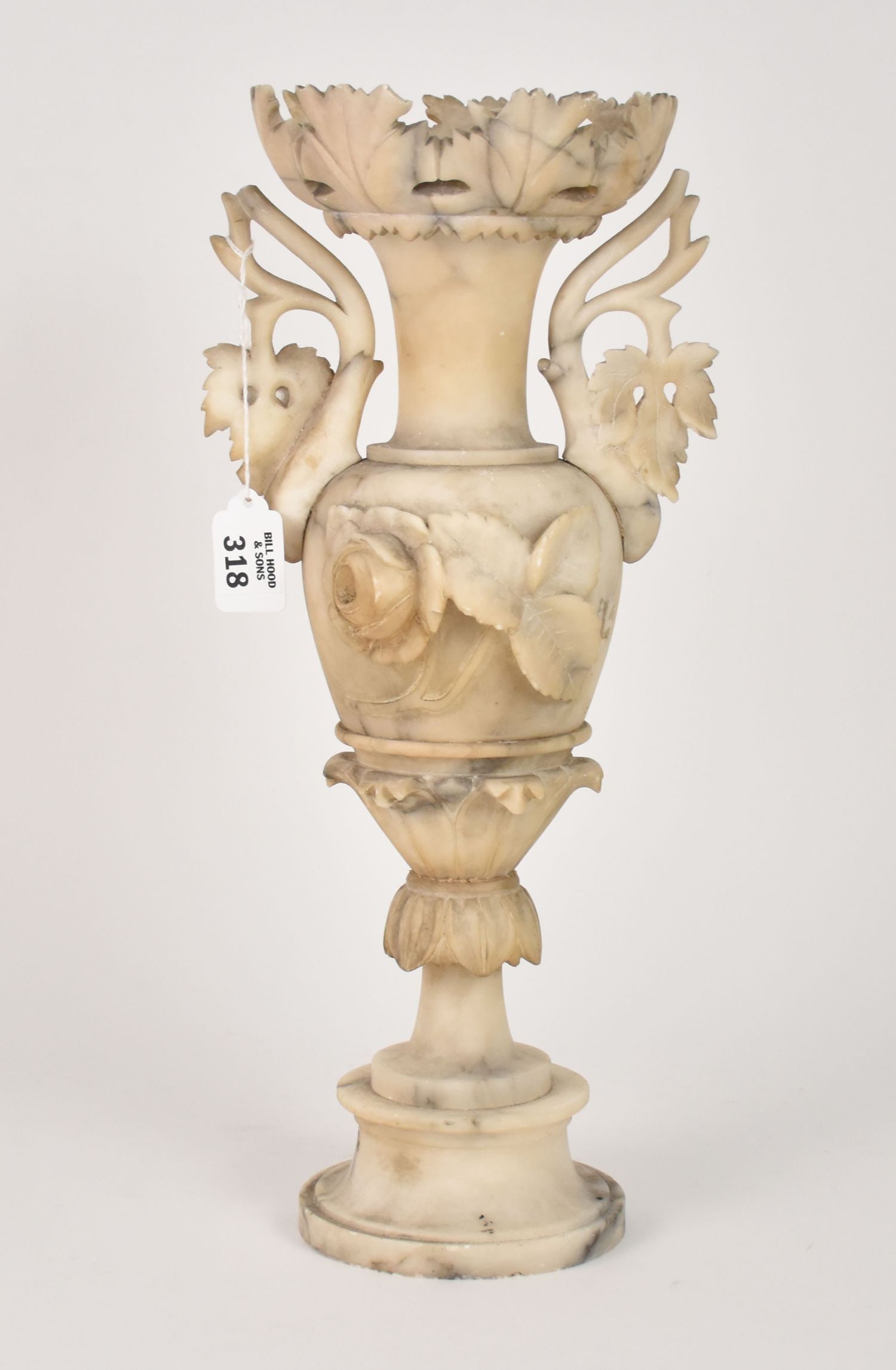 Alabaster Carved Urn, 17"h x 8"w (needs repair): Alabaster Carved Urn, 17"h x 8"w (needs repair)