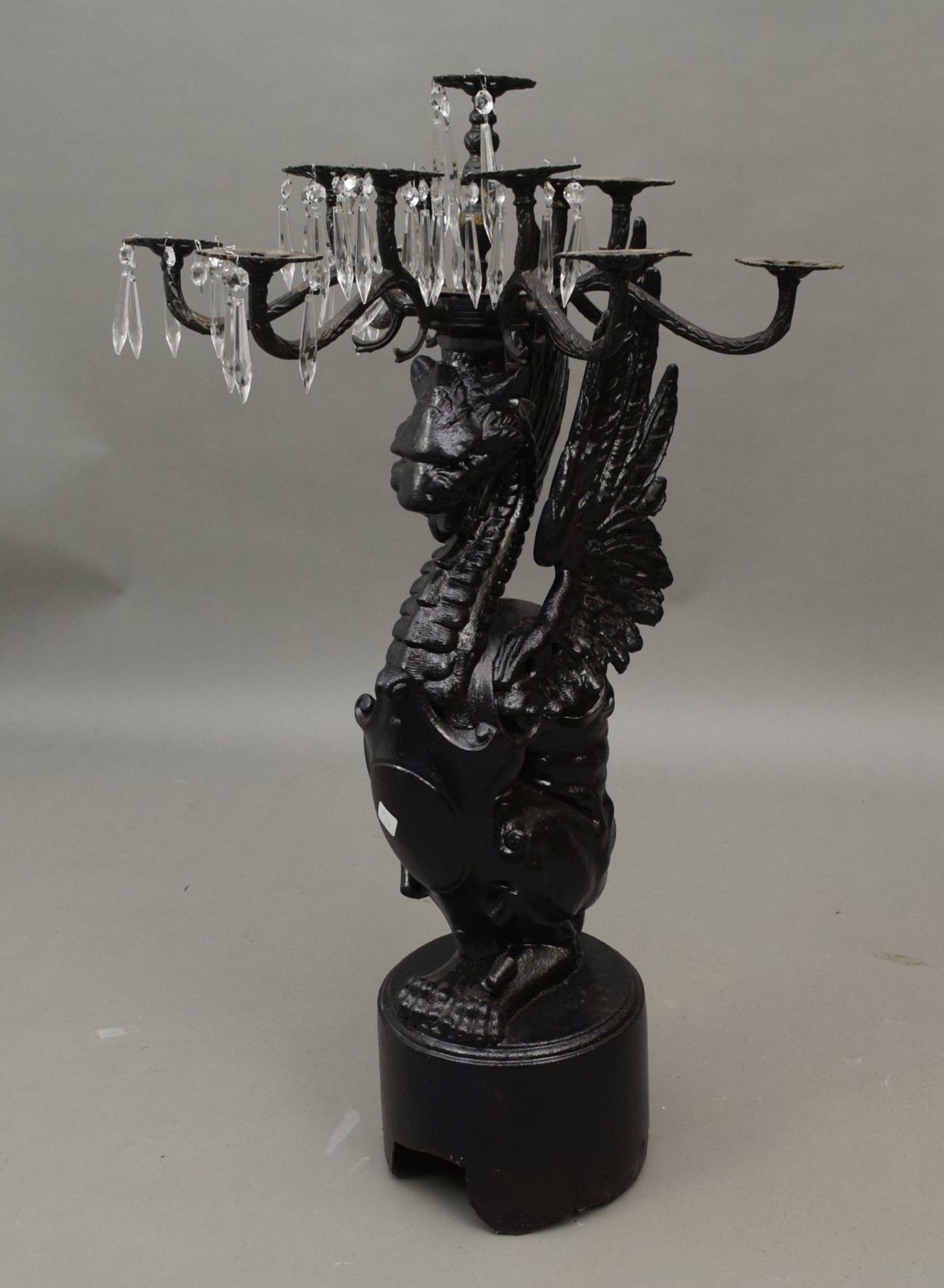 Cast Iron Candleabra with Winged Griffin Attached to Round Iron Pedestal Painted Black, 35"h (1 of 5)