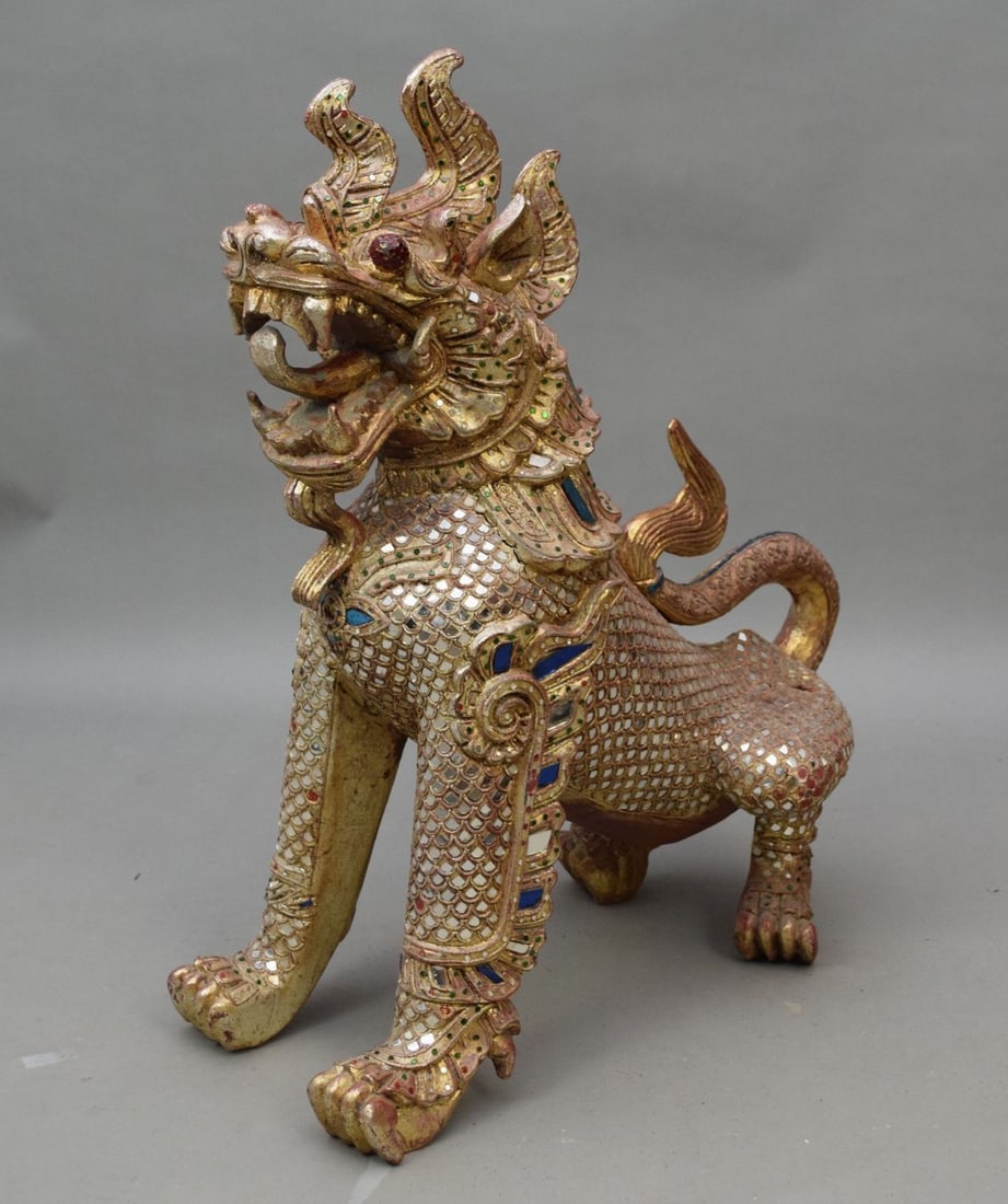 Seated Jeweled & Mirrored Gold Foo Dog, 32"h (1 of 4)