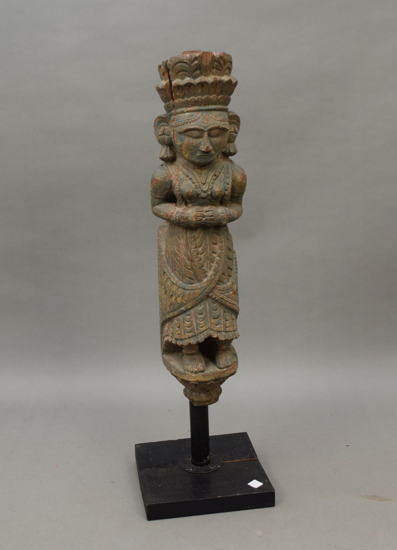 Mounted Tibetan Carved Figure on Worn Green/Blue Paint, 38"h x 12"square (age splits) (1 of 7)