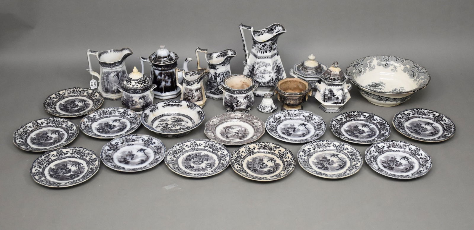 Collection of Ironstone 19th c. Transferware, incl; Pitcher (crack), Bowl, Teapot, 3 Pitchers, Small (1 of 7)