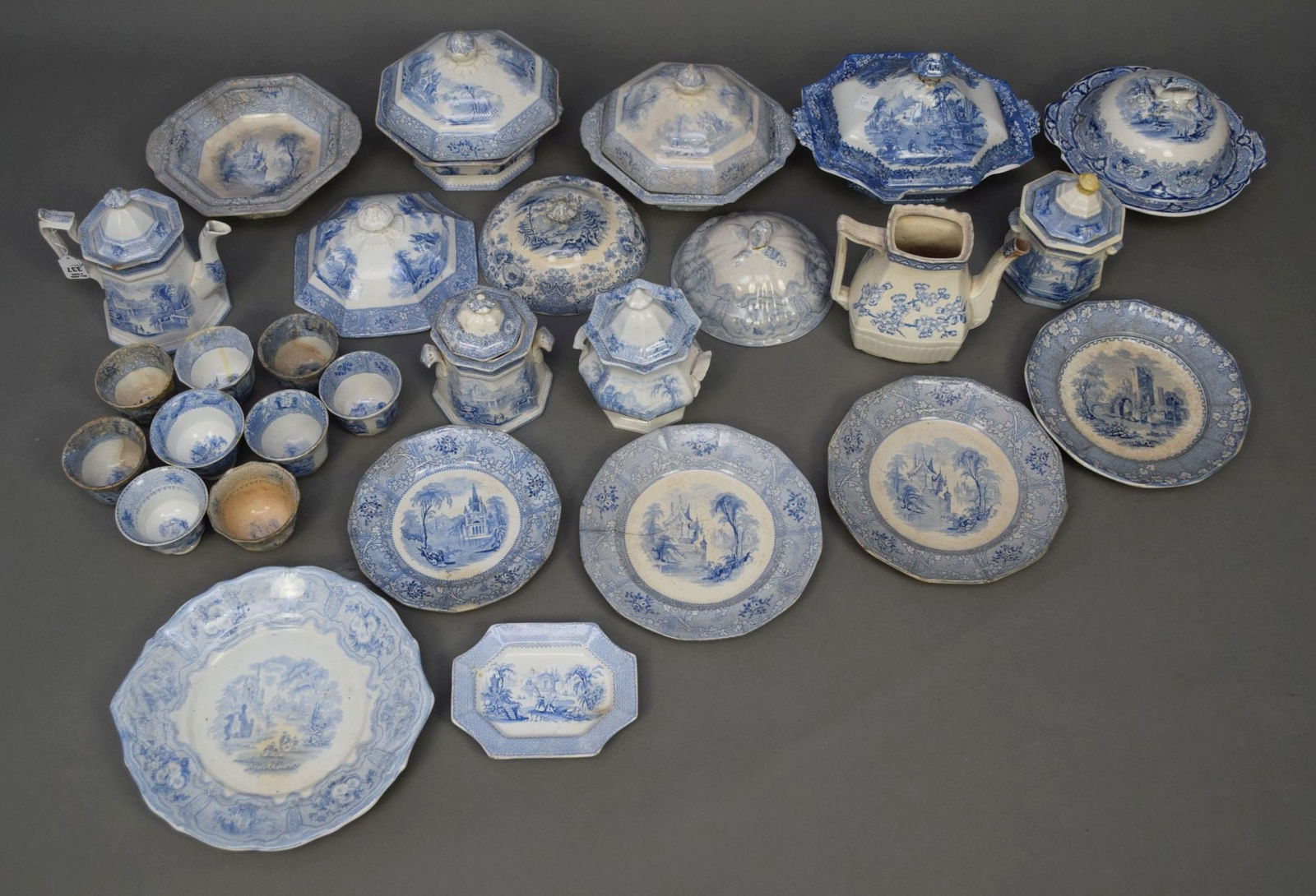 Blue Transferware Ironstone Collection, 19thc, incl; 4 Covered Tureens, 5 Assorted Plates, Teapot, 3 (1 of 10)