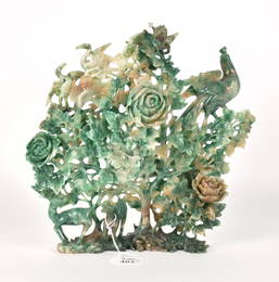 Highly Carved Jade, Rain Forest Scene, Different Shades of Jade, Bird, Foliage, Flowers and Deer,